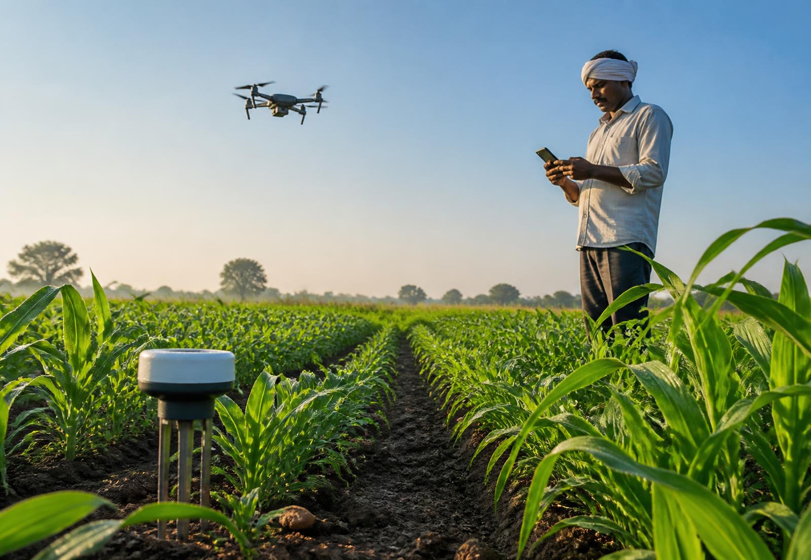 Indian farmer using a smartphone beside an IoT soil sensor while a drone surveys the crop