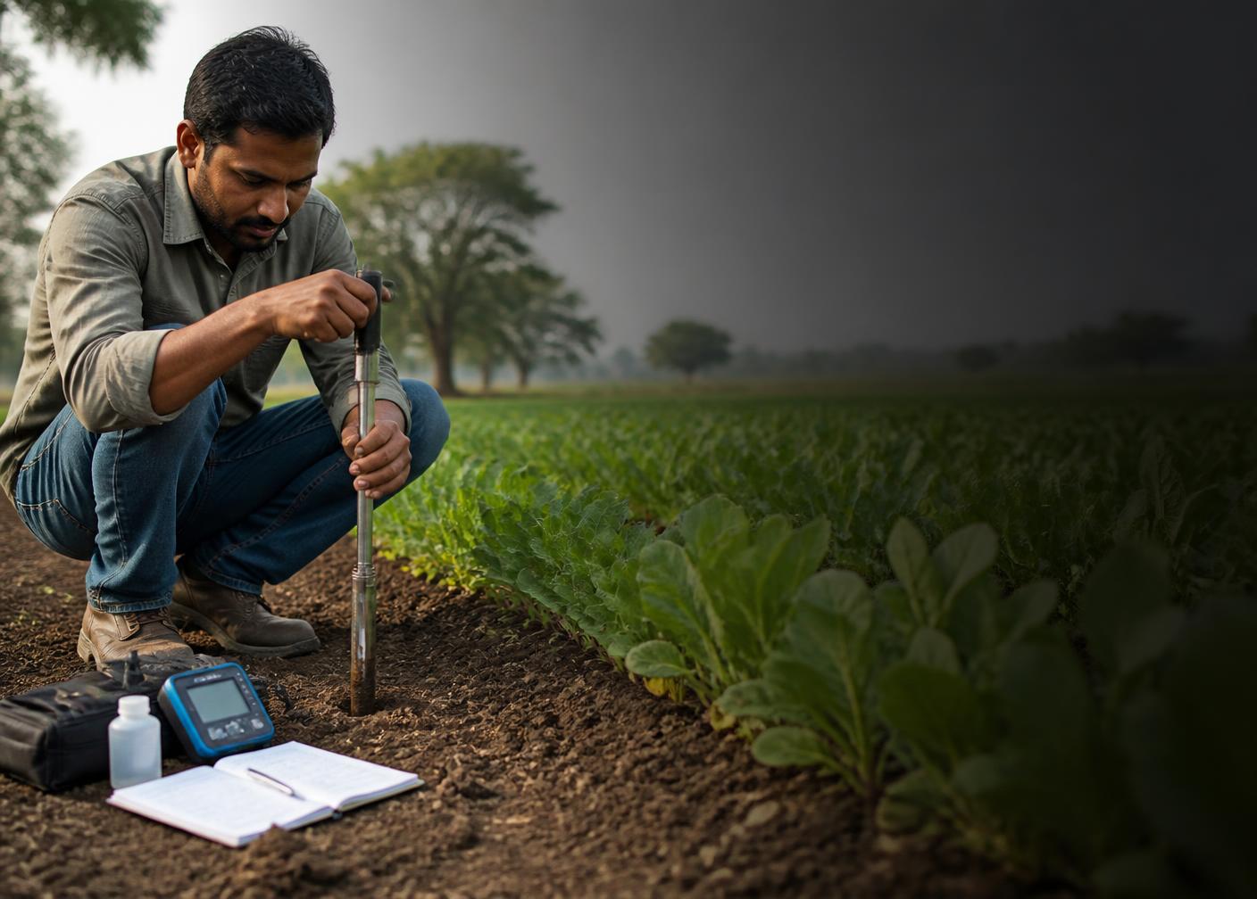 Field specialist testing cultivated soil with professional equipment